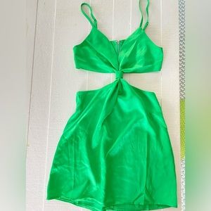 Green silk white fox dress